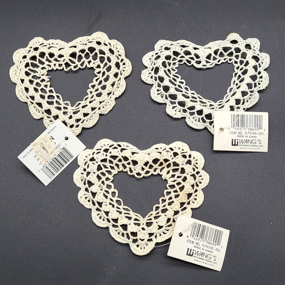 3 Crocheted Heart Wreath Doily Ornaments 4" Starched 3D Vintage Wang's Int